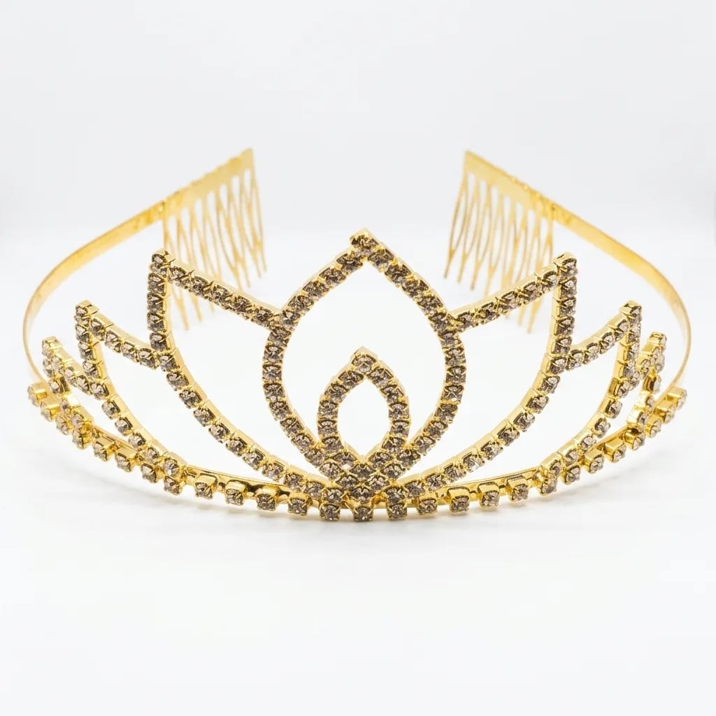 Regal Gold & Crystal V-Shaped Crown with Hair Combs