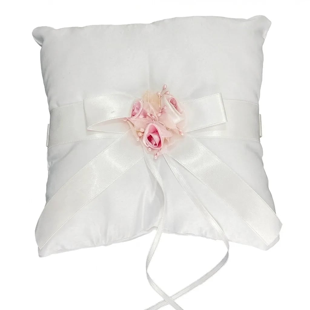 Romantic Blush Pink Rose & White Satin Ring Bearer Pillow