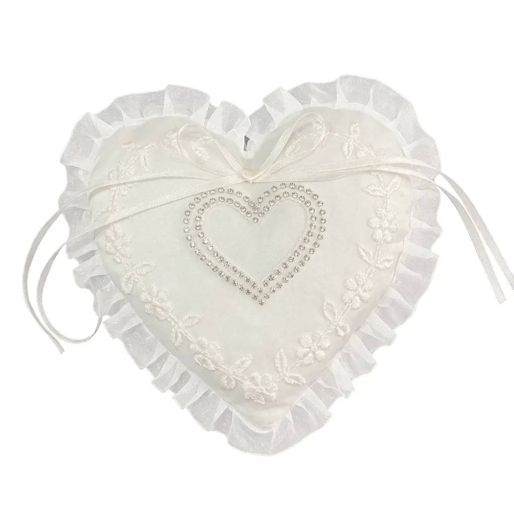 Romantic Embroidered Heart-Shaped Ring Bearer Pillow with Rhinestones