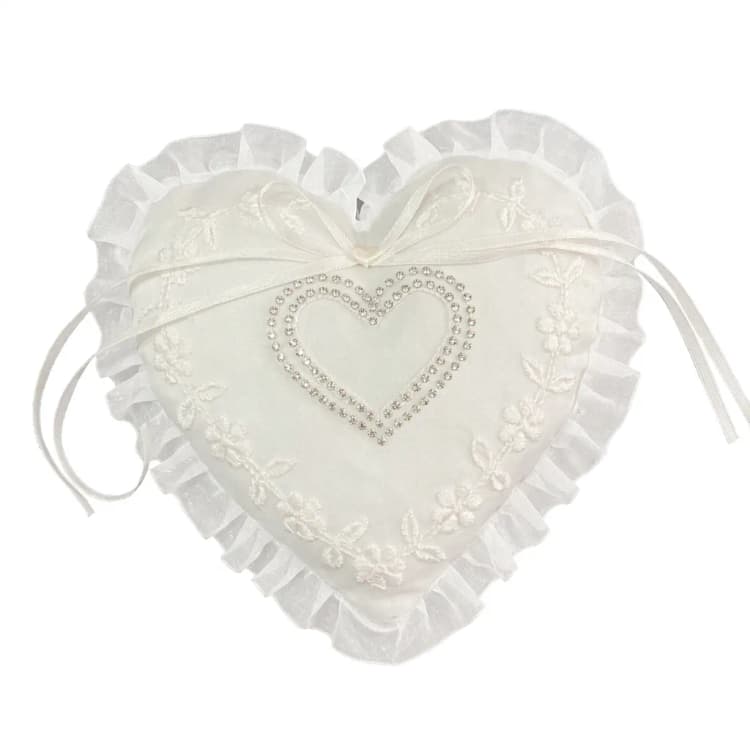 Romantic Embroidered Heart-Shaped Ring Bearer Pillow with Rhinestones
