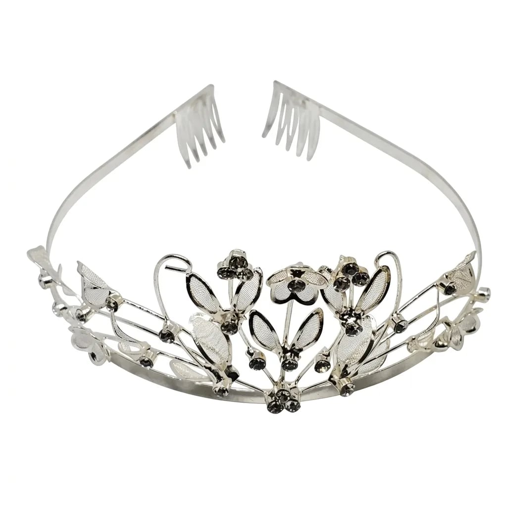 Elegant Silver Floral Rhinestone Bridal Tiara Headband with Secure Combs