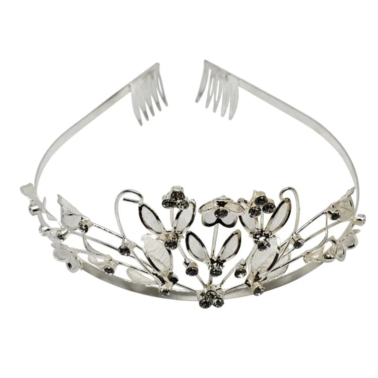 Elegant Silver Floral Rhinestone Bridal Tiara Headband with Secure Combs