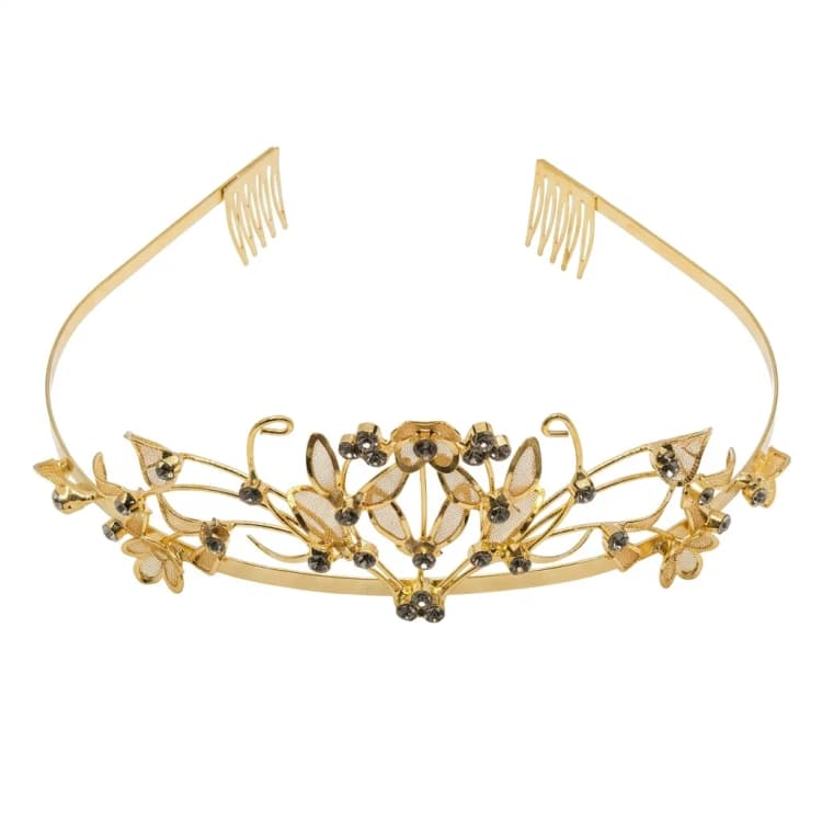 Vintage Gold Floral Tiara – Bridal Hair Accessory with Rhinestones & Combs