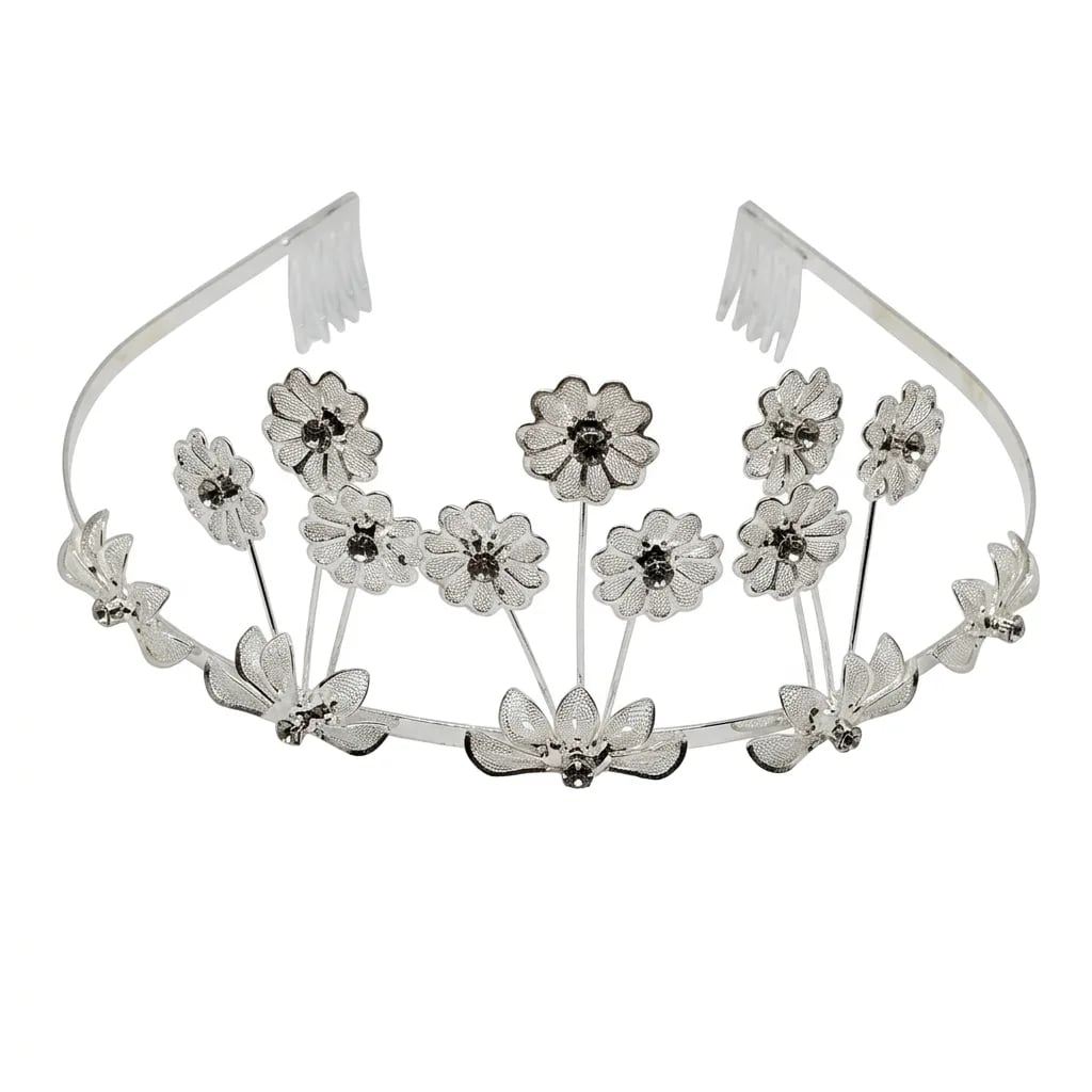 Bohemian Silver Floral Daisy Tiara Headband with Hair Combs