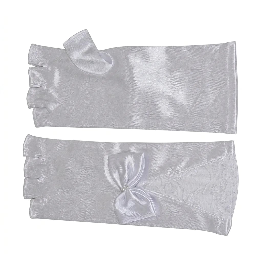 Elegant White Fingerless Satin Bridal Gloves with Bow and Lace Trim