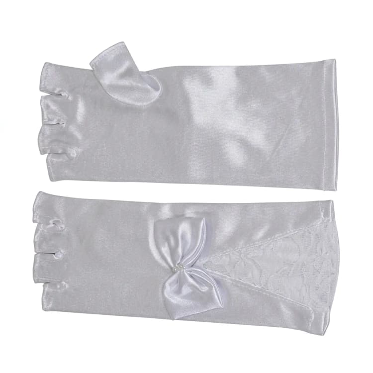 Elegant White Fingerless Satin Bridal Gloves with Bow and Lace Trim