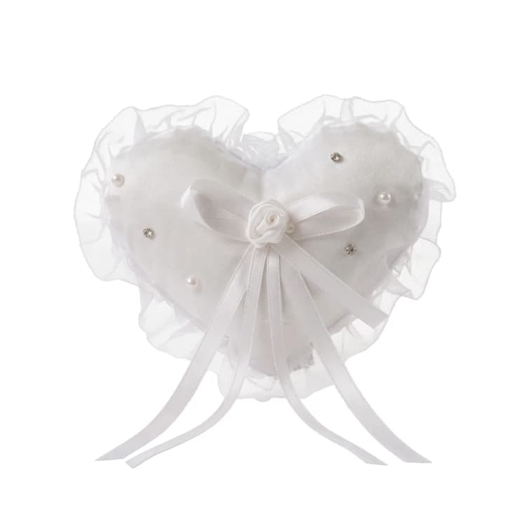 Elegant Heart-Shaped Bridal Ring Pillow with Pearls & Rhinestones