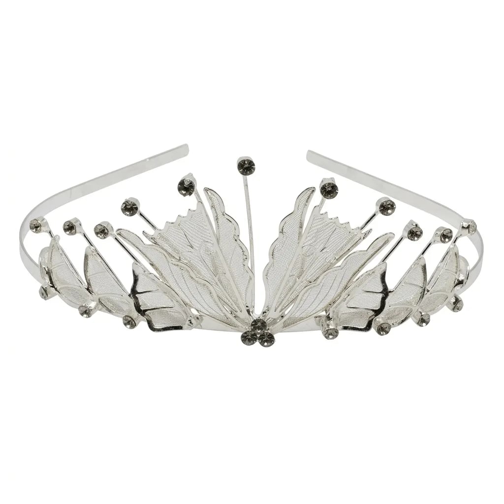 Silver Mesh Leaf & Crystal Tiara | Elegant Bridal Headpiece