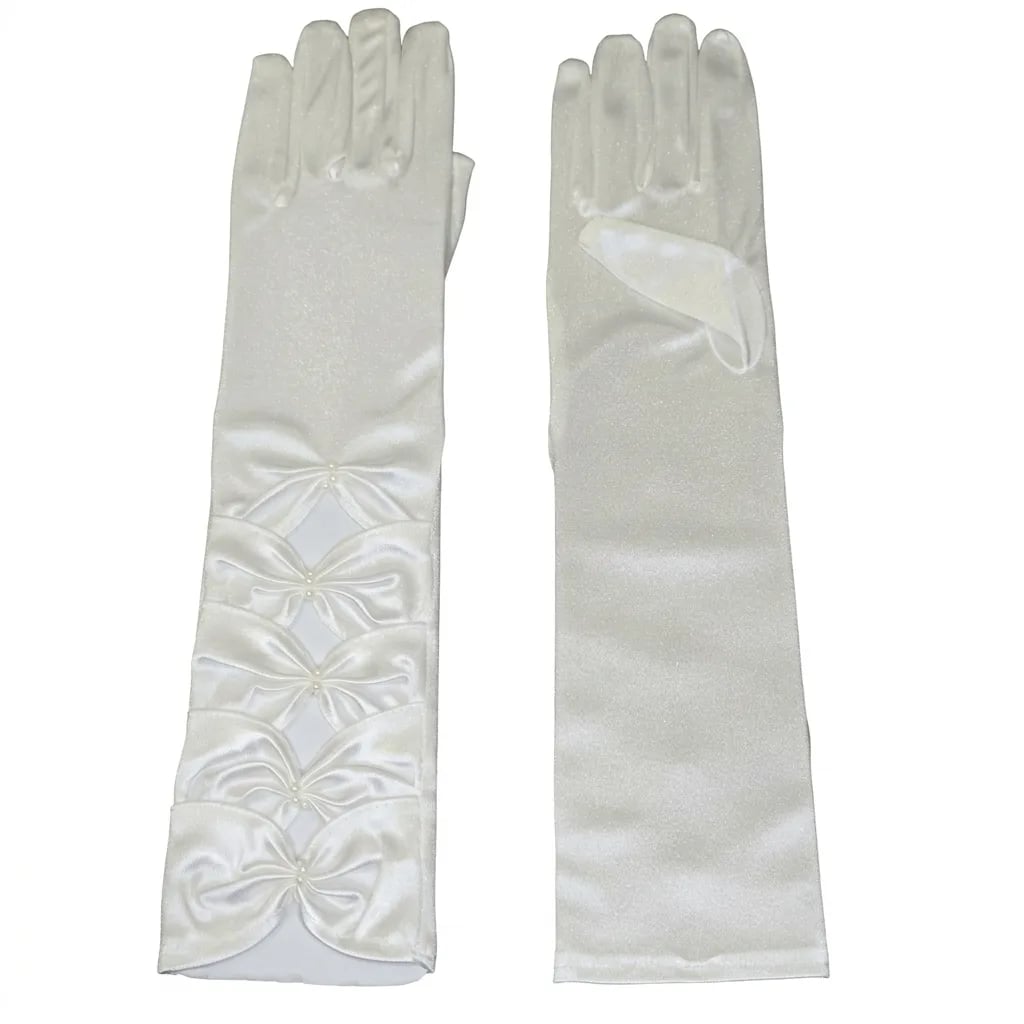 Bridal Bow Cutout Satin Gloves | Below-the-Elbow Evening Gloves