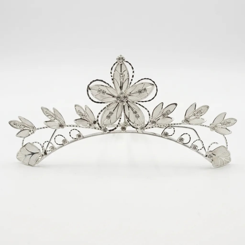 Silver Floral Crystal Tiara – Elegant Bridal & Quinceañera Crown